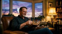 Middle-aged Caucasian man with glasses reading book in cozy home library during sunset. Comfortable evening relaxation in warm living room with bookshelves.