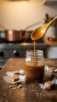 Golden caramel sauce dripping from wooden spoon into glass jar on rustic kitchen counter with candy pieces and warm cooking atmosphere.