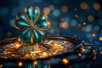 Glowing turquoise clover charm on golden roulette wheel with magical bokeh lights and sparkles in dark casino atmosphere. Perfect for gambling and luck concepts.