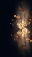 Glowing dollar sign with golden bokeh lights and sparkling particles on dark background for financial success and wealth concepts.