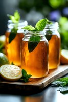 Fresh iced tea in mason jars garnished with mint leaves and lemon slices on wooden board, refreshing summer drink with condensation droplets.