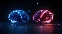 Glowing neon brains in blue and pink colors facing each other on dark background with particles and reflection, representing artificial intelligence concept.