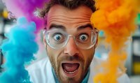Excited Caucasian man with glasses and beard expressing surprise against vibrant colorful smoke background, showing genuine emotion and energy in creative portrait.