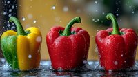 Fresh red, yellow and green bell peppers with water drops in dramatic lighting against dark background, raw organic vegetables in splash and spray.