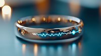 Elegant tungsten ring with engraved heartbeat pattern glowing in blue light against dark background, modern wedding band design with crystal accent.