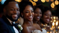 Joyful African American bride in elegant strapless lace wedding dress laughing with guests during reception celebration, warm bokeh lights and candlelit atmosphere.