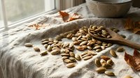 Raw pistachios scattered on linen cloth with wooden spoon near window, natural lighting creates warm autumn atmosphere for healthy snacking concepts.