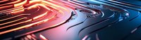 Abstract metallic surface with glowing orange and blue neon light reflections creating dynamic wave pattern. Futuristic technological background with curved lines and glossy texture.