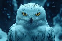 Majestic snowy owl with piercing golden eyes in winter forest setting. Wildlife photography showcasing arctic bird predator in natural habitat.