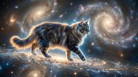 Majestic fluffy cat walking on cosmic surface with swirling galaxies and stars in background. Fantasy space scene with feline explorer in universe setting.
