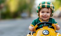 Cheerful toddler wearing checkered safety helmet rides yellow toy car outdoors, expressing joy and adventure during playtime on sunny day.