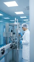 Technician in white lab coat and hairnet operating pharmaceutical manufacturing equipment in sterile facility with blue walls and bright LED ceiling panels.