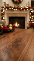 Wooden table surface with blurred Christmas fireplace background featuring festive lights and holiday decorations for product display and seasonal marketing.
