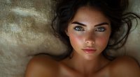 Young woman with natural makeup and glowing skin lying down, dark hair spread on beige background, intimate beauty portrait showing freckles and luminous complexion.