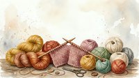 Young woman with fair skin and blonde hair, wearing a pink knitted sweater, surrounded by colorful yarn balls and knitting needles, engaged in a cozy crafting hobby. Perfect for craft, DIY, and handmade content.