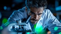 Bearded scientist in white coat conducting research with microscope in dark laboratory with dramatic green lighting and bokeh effects in background.