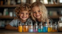 Young children smiling while conducting colorful science experiments with liquid-filled glass containers in home setting, showing curiosity and joy in learning chemistry.