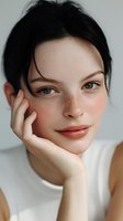 Close-up portrait of young woman with freckles and natural makeup, resting chin on hand against minimal white background. Perfect for skincare advertising.