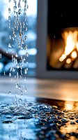 Falling water drops create mesmerizing splash pattern against blurred fireplace background, combining cool blue tones with warm orange glow for dramatic contrast.