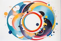 Abstract watercolor circles in vibrant blue, orange, and red tones with dynamic splatter effects create flowing cosmic movement on white background. Artistic composition.
