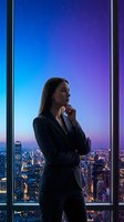 Businesswoman in dark blazer standing by floor-to-ceiling window overlooking illuminated cityscape at dusk, hand near face in thoughtful pose, purple and blue twilight sky with stars visible above urban skyline for corporate and professional concepts.