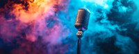 Vintage microphone on stand against vibrant colorful smoke background with blue and orange hues, perfect for music or entertainment concepts.