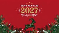 Happy New Year 2027 greeting card with golden text and decorative goat silhouette on red background, featuring festive pine branches and ornaments for holiday celebrations.