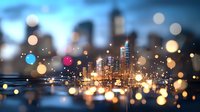 Modern cityscape with glowing bokeh lights in foreground creating magical urban atmosphere at dusk, skyscrapers silhouettes reflected in water surface.