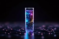 Glowing tall glass with magical sparkles and neon blue pink lights on dark background with bokeh effect creates mystical atmosphere for beverage photography.