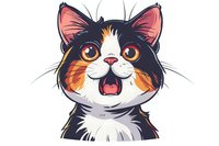 Cheerful calico cat portrait with expressive eyes and open mouth, featuring black, orange and white fur pattern on isolated background for stickers and merchandise.
