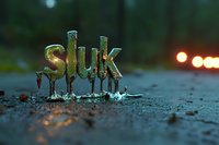 Melting golden text spelling SLUK on wet asphalt road surface with warm bokeh lights creating atmospheric evening scene for typography design projects.