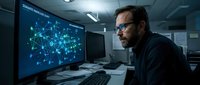 Male professional with dark hair and beard, wearing glasses and dark clothing, analyzing digital network visualization on computer monitor in modern office environment, representing data science, cybersecurity, or IT work.