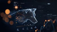Digital wolf head profile with glowing particles and wireframe effect against dark background with bokeh lights, modern technological visualization.