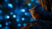 Long-eared owl perched on tree branch at night with blue bokeh lights in background, dramatic wildlife nature photography showing nocturnal predator in natural habitat.