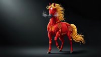Red fire horse with golden mane rearing on dark background. Mythical creature with flames and smoke effects for fantasy art, gaming, and creative projects.