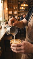 Skilled male barista in leather apron pouring steamed milk into latte art cup in a warm rustic coffee shop interior.