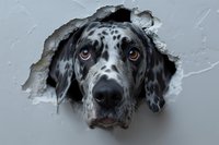 English Setter dog peeks through hole in wall, black and white spotted head with soulful brown eyes looking directly at camera, dramatic lighting creates emotional pet portrait.