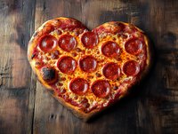 Heart-shaped pepperoni pizza with melted cheese on rustic wooden background for romantic dining and food photography projects.