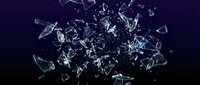 Shattered glass explosion with sharp fragments flying against dark blue background creating dramatic destruction effect for impact concepts.