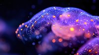 Magical glowing jellyfish in deep ocean waters with bioluminescent spots and particles floating in dark blue water creating ethereal underwater scene.
