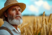 Senior Caucasian farmer with white beard wearing straw hat gazes thoughtfully across golden wheat field during harvest season, warm sunset lighting creates nostalgic mood.