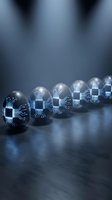 Row of transparent spheres with glowing circuit board patterns inside representing artificial intelligence and digital innovation concept.