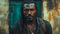 African American man with dreadlocks in urban setting with weathered walls and turquoise door, intense expression for storytelling projects.