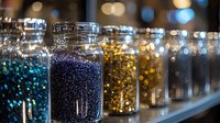 Glass jars filled with colorful glitter and sparkly craft materials arranged in row on shelf with soft bokeh background creating magical festive atmosphere.