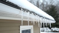 Frozen icicles hanging from white house gutter against winter sky, showing dangerous ice dam formation on residential roof edge during cold weather.