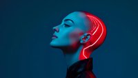 Profile view of young woman illuminated by vibrant red and blue neon lighting against dark background, creating dramatic contrast and futuristic mood for creative projects.