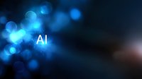 Glowing AI text with blue bokeh lights on dark background creates futuristic technology concept for artificial intelligence and machine learning designs.