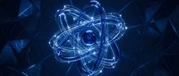Glowing blue atomic structure with orbiting electrons on dark geometric background for science and technology projects.