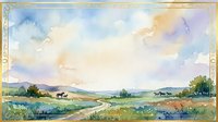 Rural landscape with rolling hills, farmhouse, and wildflower meadow under soft cloudy sky. Watercolor countryside scene suitable for home decor, editorial, and design projects.
