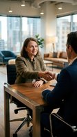 Professional businesswoman shaking hands with colleague in modern office meeting room during successful negotiation or partnership agreement discussion.